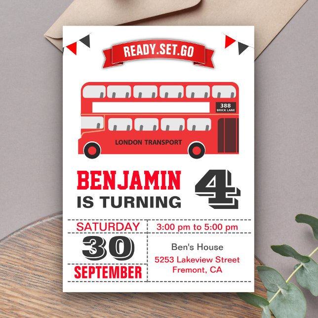 Red Double Decker London Bus Kids Birthday Party Invitation (Creator Uploaded)