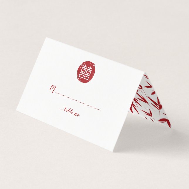 Red Double Happiness & Bamboo Wedding Business Card (Front)