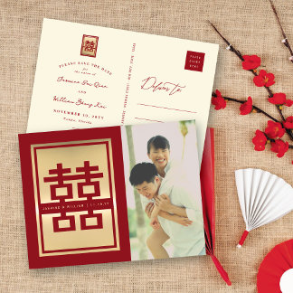 Red Double Happiness Chinese Photo Save The Date Announcement Postcard