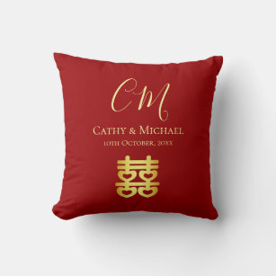 Red double happiness Chinese wedding initials Cushion