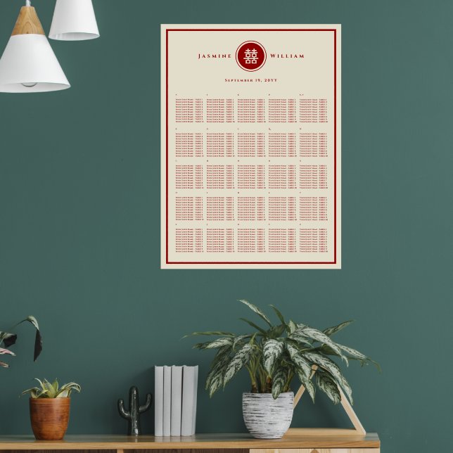 Red Double Happiness Chinese Wedding Seating Chart (Living Room 1)