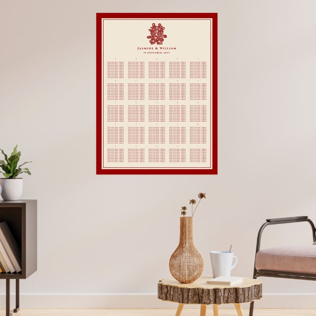 Red Double Happiness Chinese Wedding Seating Chart (Living Room 3)