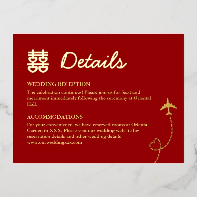 Red double happiness destination wedding details foil invitation postcard (Front)