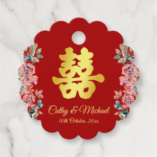 Red double happiness floral Chinese wedding  Favour Tags