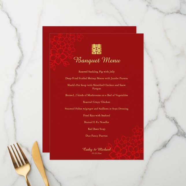 Red Double happiness floral Chinese wedding  Menu (Front/Back In Situ)