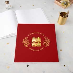 Red double happiness floral logo chinese wedding guest book
