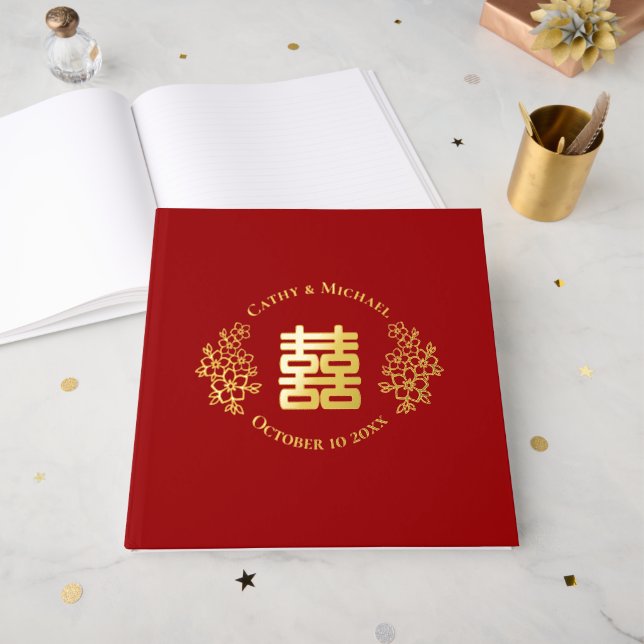 Red double happiness floral logo chinese wedding guest book (Front Open)