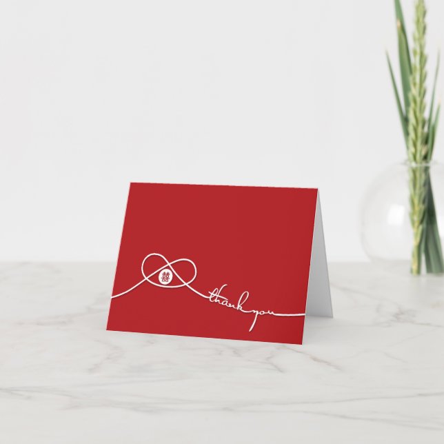 Red Double Happiness Knot Wedding Thank You Card (Front)