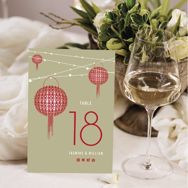 Red Double Happiness Lanterns Chic Chinese Wedding Table Number (Creator Uploaded)