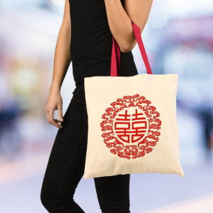 red double happiness modern chinese wedding favour tote bag