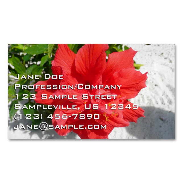 Red Double Hibiscus Flower Magnetic Business Card (Front)