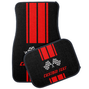 Red Double Race 🏎 Stripes with Flag  Car Mat
