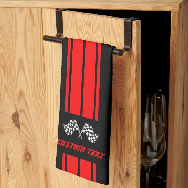 Red Double Race 🏎 Stripes with Flag Tea Towel (Thirds Fold)