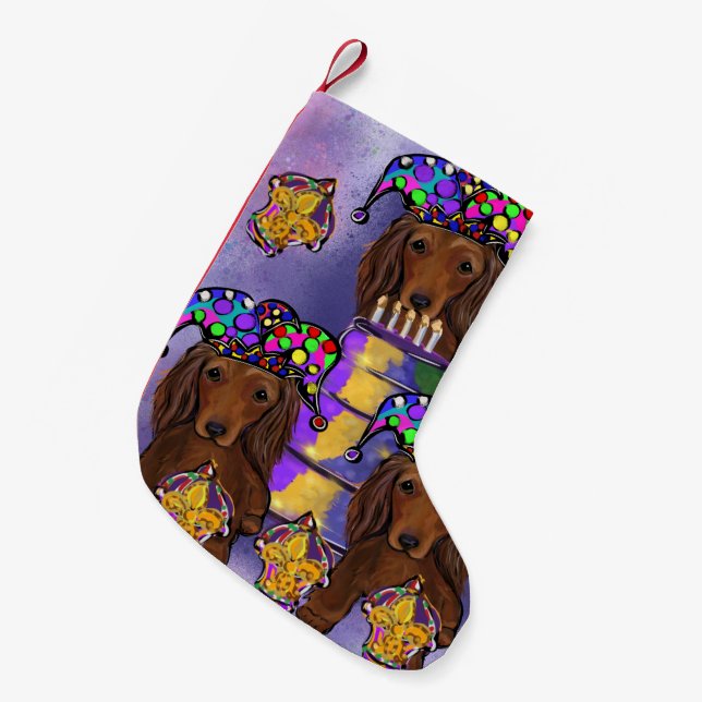 Red Doxies Mardi Gras Small Christmas Stocking (Front (Hanging))