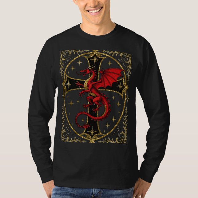 Red Dragon And Bold Black Cross T-Shirt (Front)