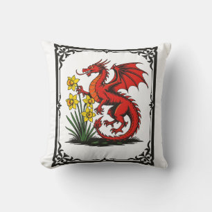 Red Dragon and Daffodils With Decorative Border Cushion