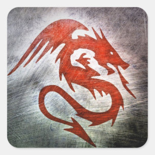 Red dragon black background square sticker