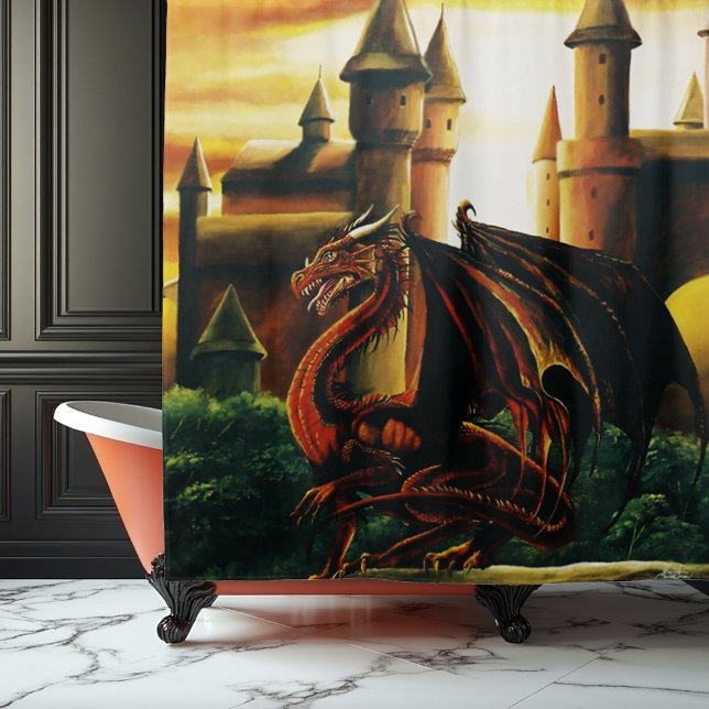 Red Dragon Castle Fantasy Shower Curtain (Creator Uploaded)