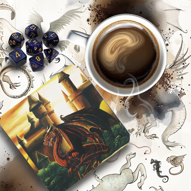 Red Dragon Castle Fantasy Square Paper Coaster (Creator Uploaded)