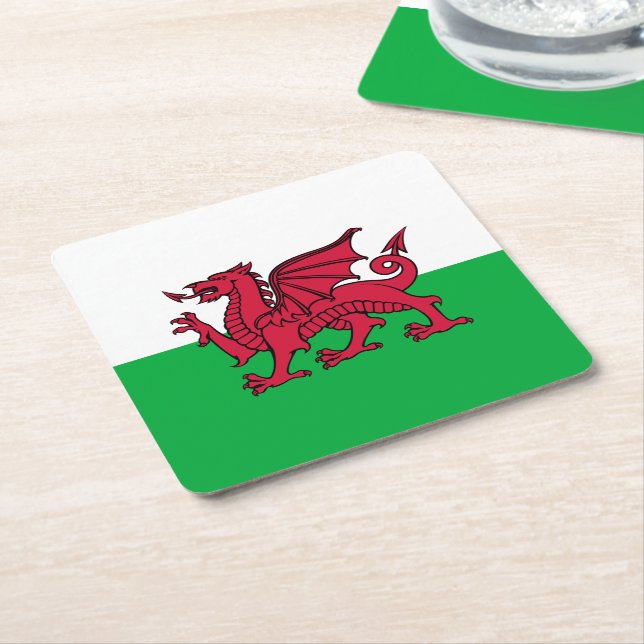 Red Dragon Celtic Flag of Wales & Welsh Square Paper Coaster (Angled)
