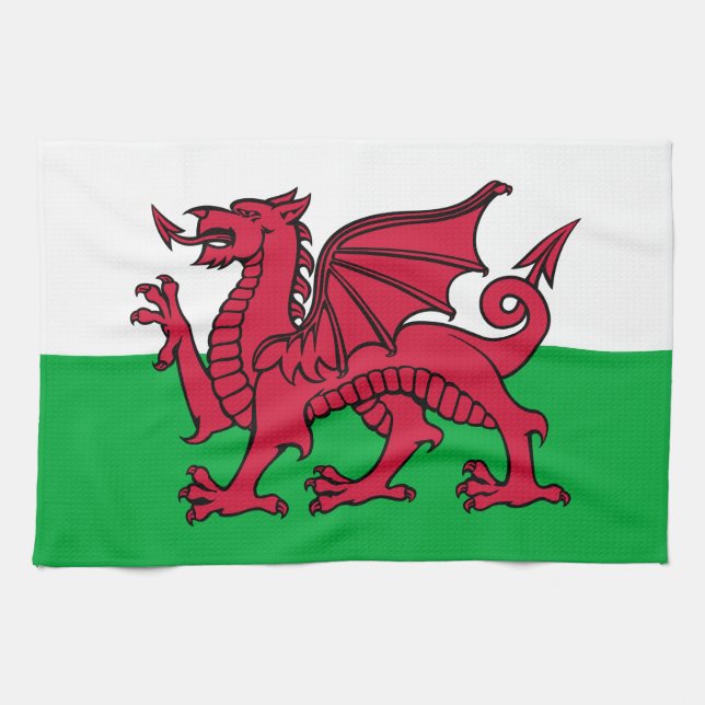 Red Dragon Celtic Flag of Wales & Welsh Tea Towel (Horizontal)