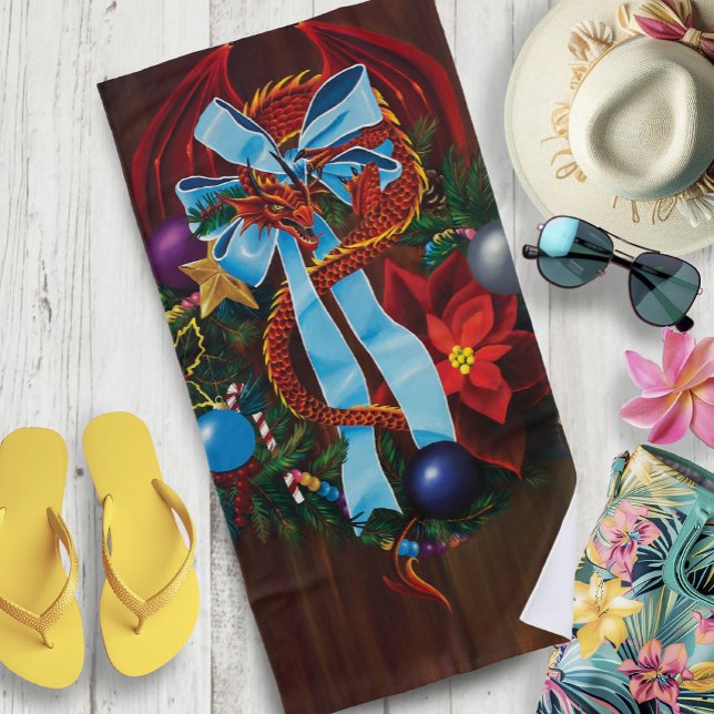 Red Dragon Christmas Wreath Beach Towel (Creator Uploaded)