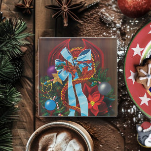 Red Dragon Christmas Wreath Glass Coaster