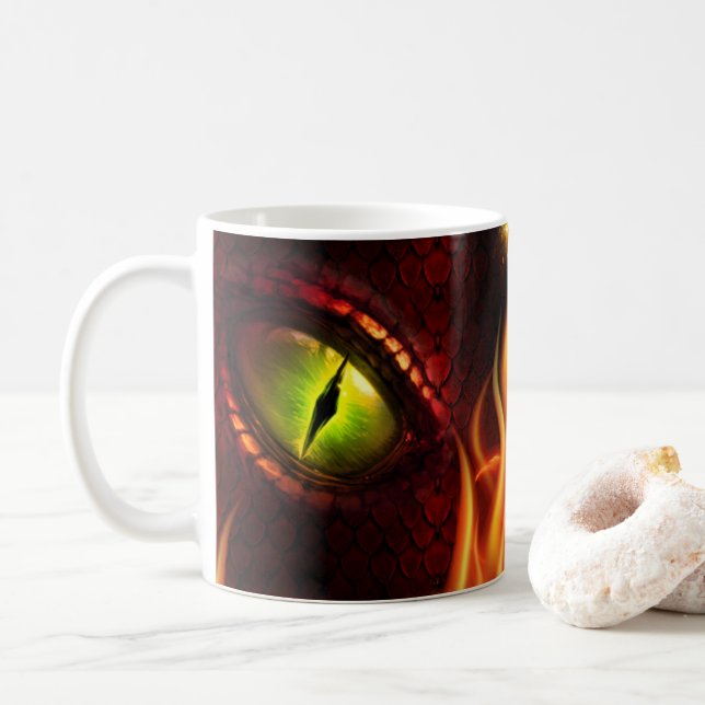 Red Dragon Eye & Fire Personalised Coffee Mug, Cup (With Donut)