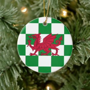 Red Dragon Flag: Green Chequered Celtic Wales Ceramic Tree Decoration
