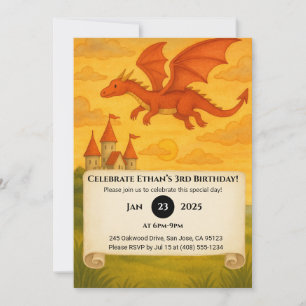 Red Dragon Flying Over Cliffside Castle Birthday Invitation