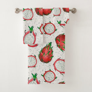Red dragon fruit on off white bath towel set