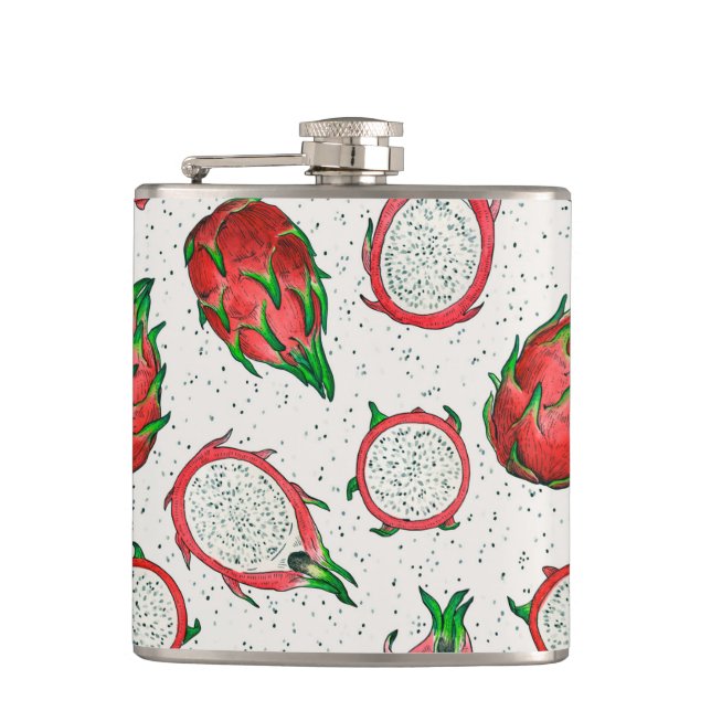Red dragon fruit on off white hip flask (Front)
