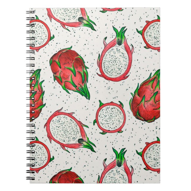 Red dragon fruit on off white notebook (Front)