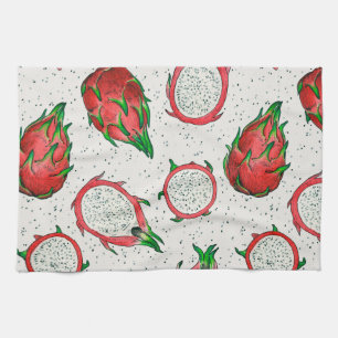Red dragon fruit on off white tea towel
