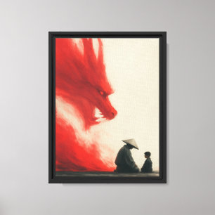Red Dragon Guardian with Master and Child Canvas Print