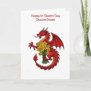 Red Dragon Holding A Bouquet Of Daffodils Card