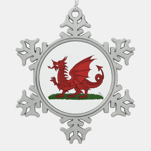 Red Dragon of Wales Snowflake Pewter Christmas Ornament (Front)