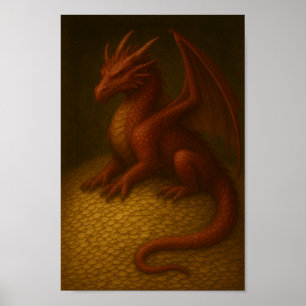 Red Dragon on Gold Hoard  Poster