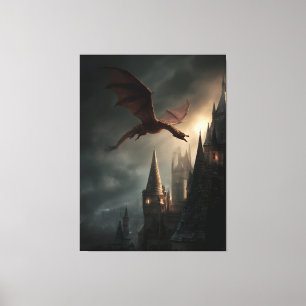 Red Dragon Over Gothic Castle Canvas Print