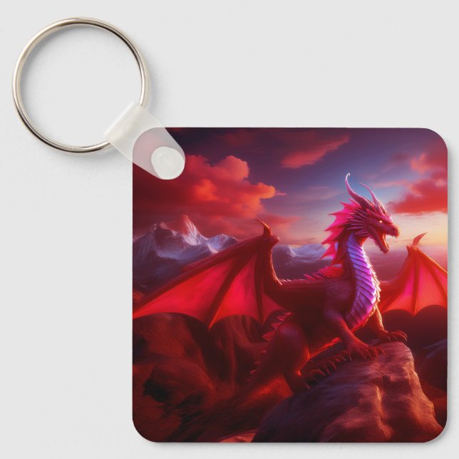 Red Dragon Perches On Craggy Mountain Peak Key Ring (Front)