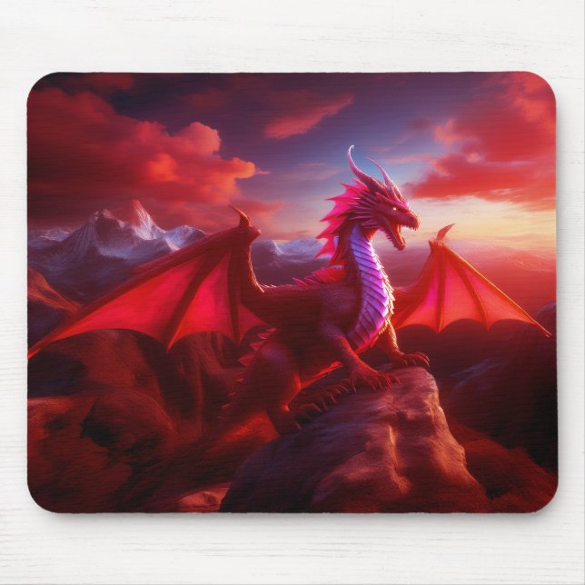 Red Dragon Perches On Craggy Mountain Peak Mouse Mat (Front)