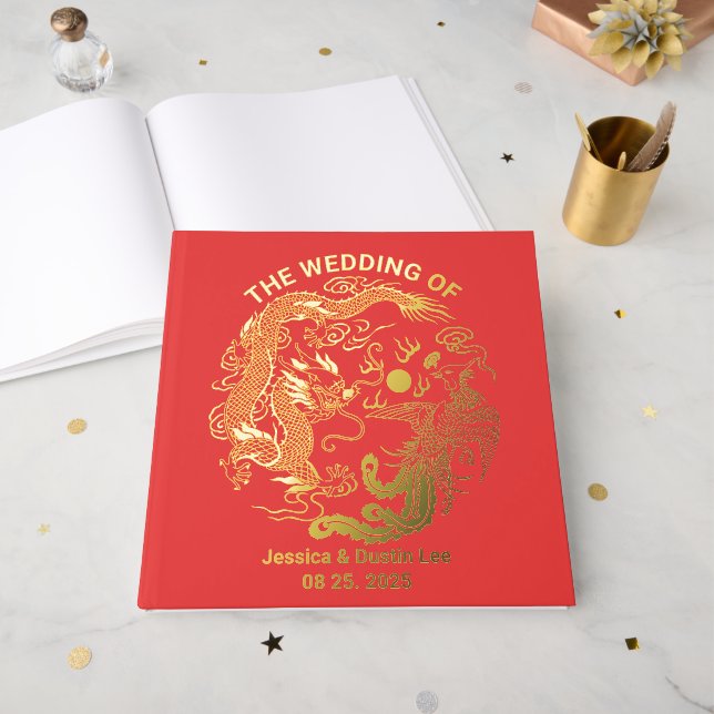 Red Dragon Phoenix Asian Chinese Wedding Gold Foil Guest Book (Front Open)