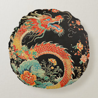 Red Dragon Round Throw Pillow
