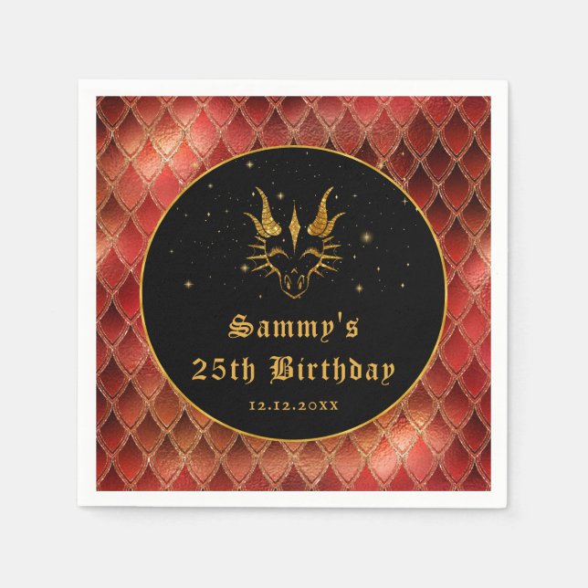 Red Dragon Scales Gold Faux Glitter Birthday Napkin (Front)