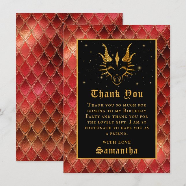 Red Dragon Scales Gold Faux Glitter Birthday Thank You Card (Front/Back)
