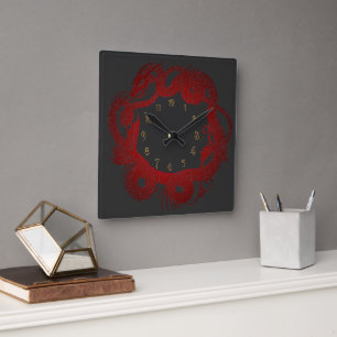 Red Dragon Square Wall Clock