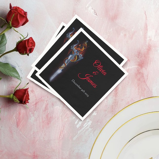 Red Dragon Sword Roses Fantasy Wedding Napkin (Creator Uploaded)
