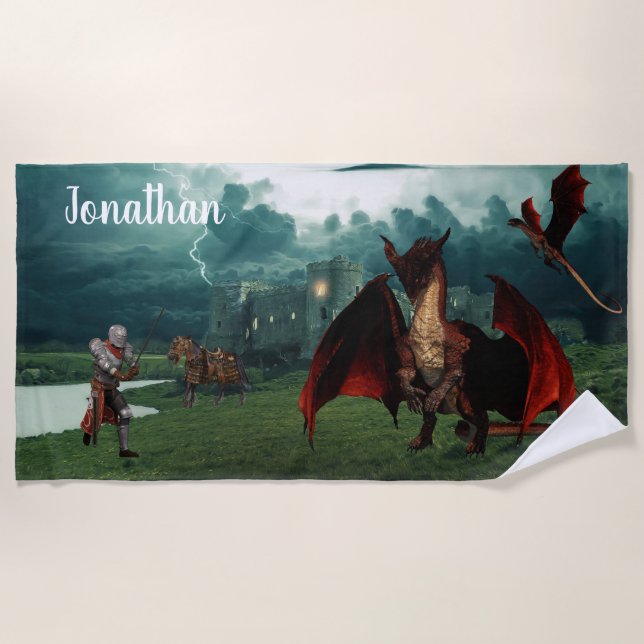 Red Dragon vs Knight Castle Fantasy Personalised Beach Towel (Front)