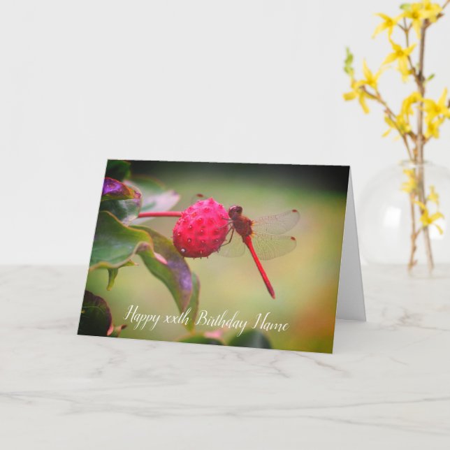 Red Dragonfly Nature Personalised Birthday  Card (Yellow Flower)