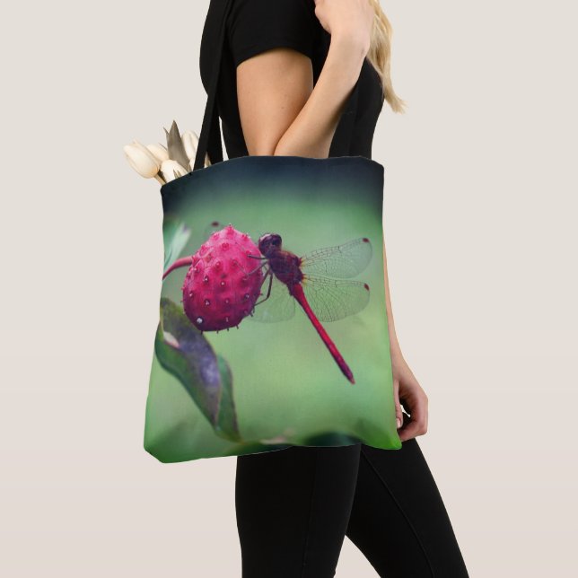 Red Dragonfly On Dogwood Fruit Close Up Tote Bag (Close Up)